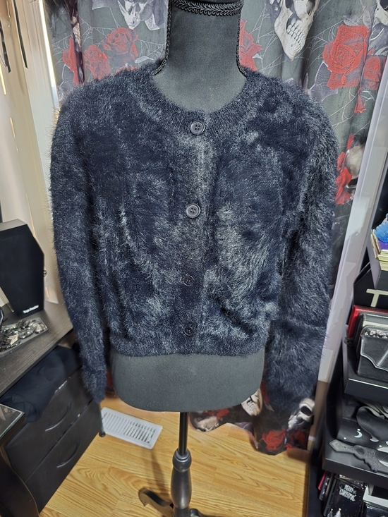 None Sweaters - Black Fuzzy Button-Up Cropped Cardigan